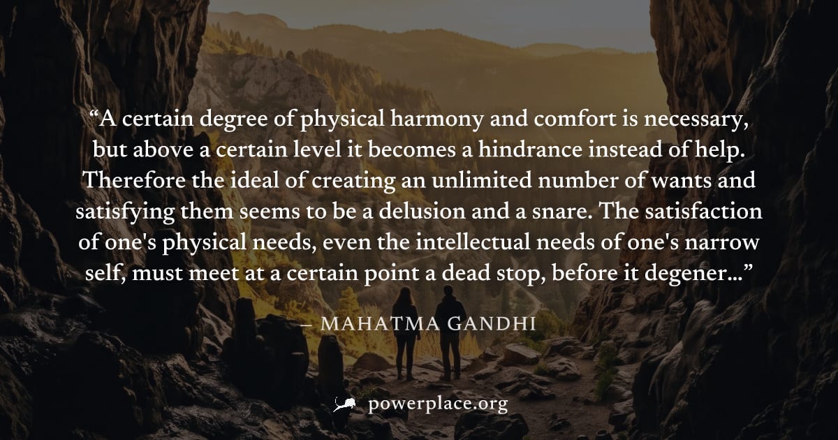 "A certain degree of physical harmony and comfort is necessary, but above a certain level it becomes a hindrance instead of help. Therefore the ideal of creating an unlimited number of wants and satis