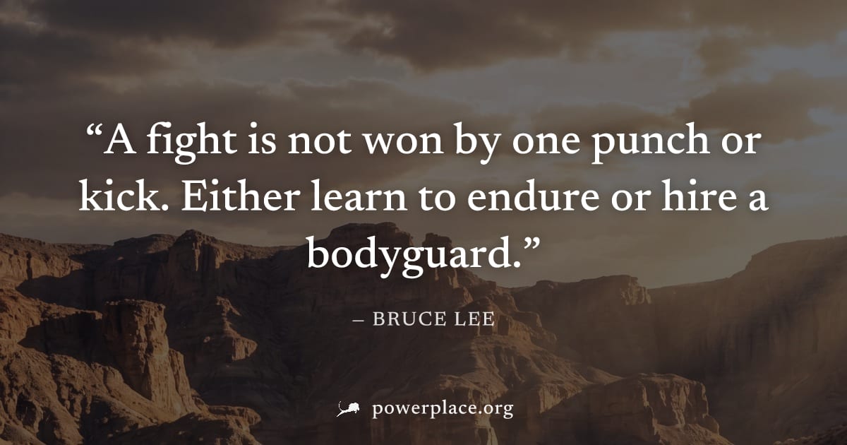 "A fight is not won by one punch or kick. Either learn to endure or hire a bodyguard." — Bruce Lee