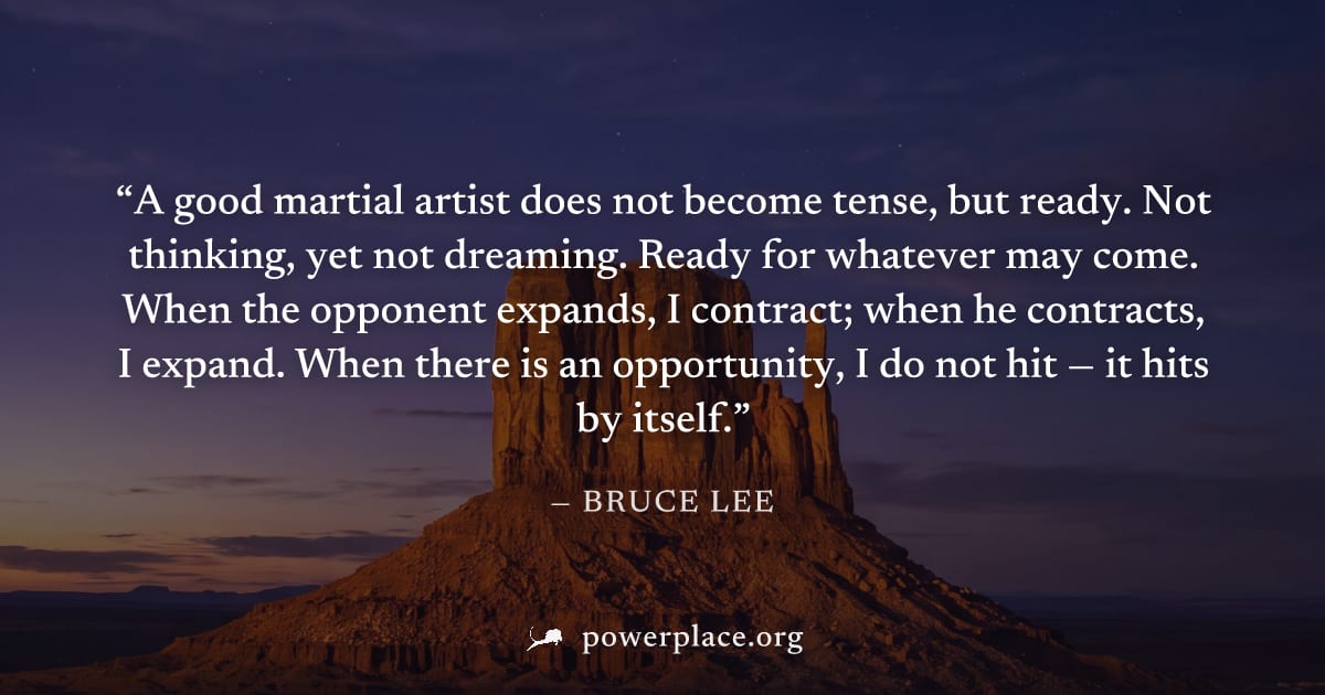 "A good martial artist does not become tense, but ready. Not thinking, yet not dreaming. Ready for whatever may come. When the opponent expands, I contract; when he contracts, I expand. When there is 