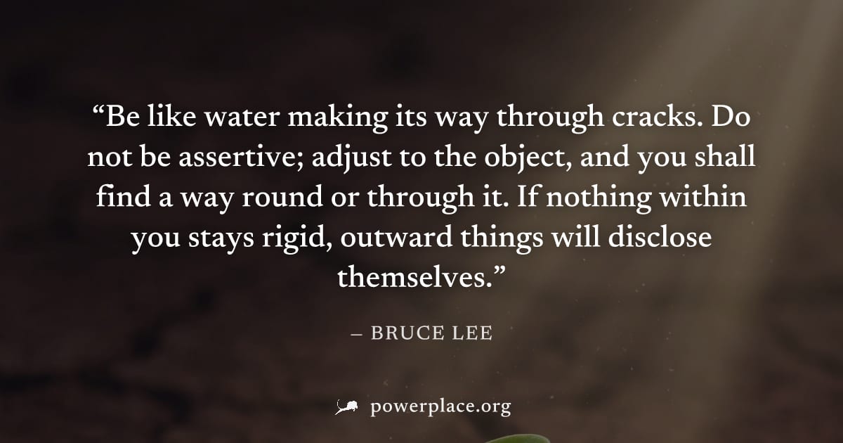 "Be like water making its way through cracks. Do not be assertive; adjust to the object, and you shall find a way round or through it. If nothing within you stays rigid, outward things will disclose t