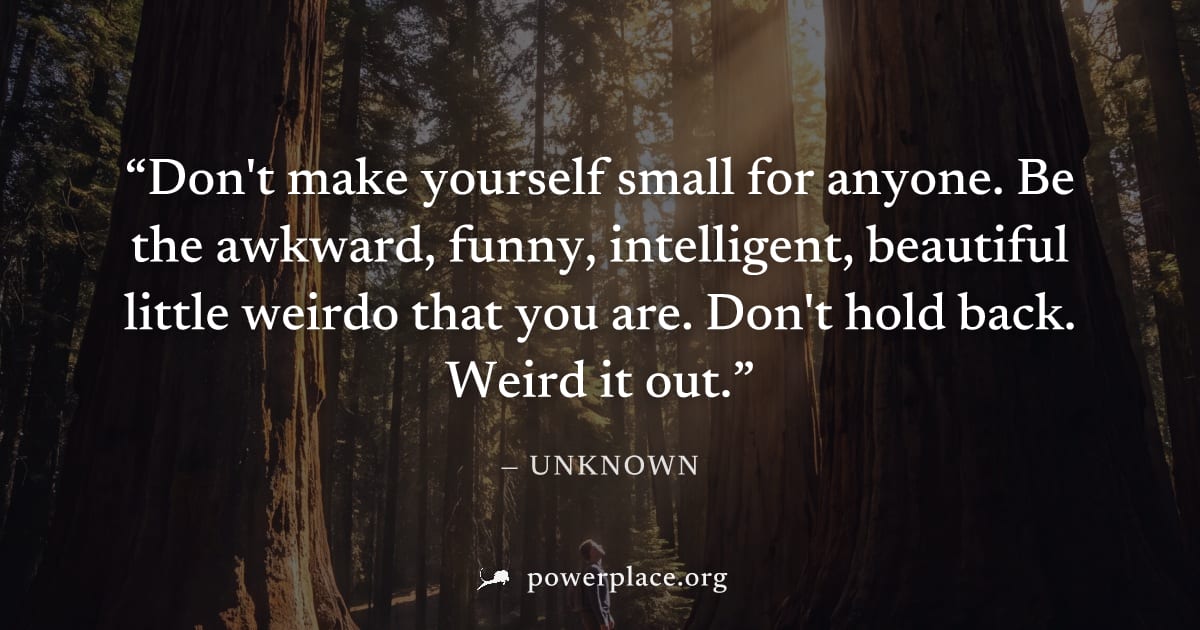 "Don't make yourself small for anyone. Be the awkward, funny, intelligent, beautiful little weirdo that you are. Don't hold back. Weird it out." — Unknown