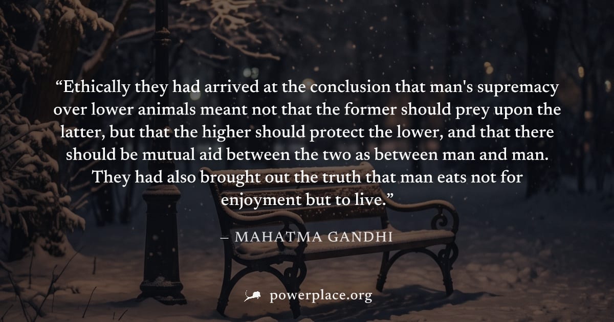 "Ethically they had arrived at the conclusion that man's supremacy over lower animals meant not that the former should prey upon the latter, but that the higher should protect the lower, and that ther