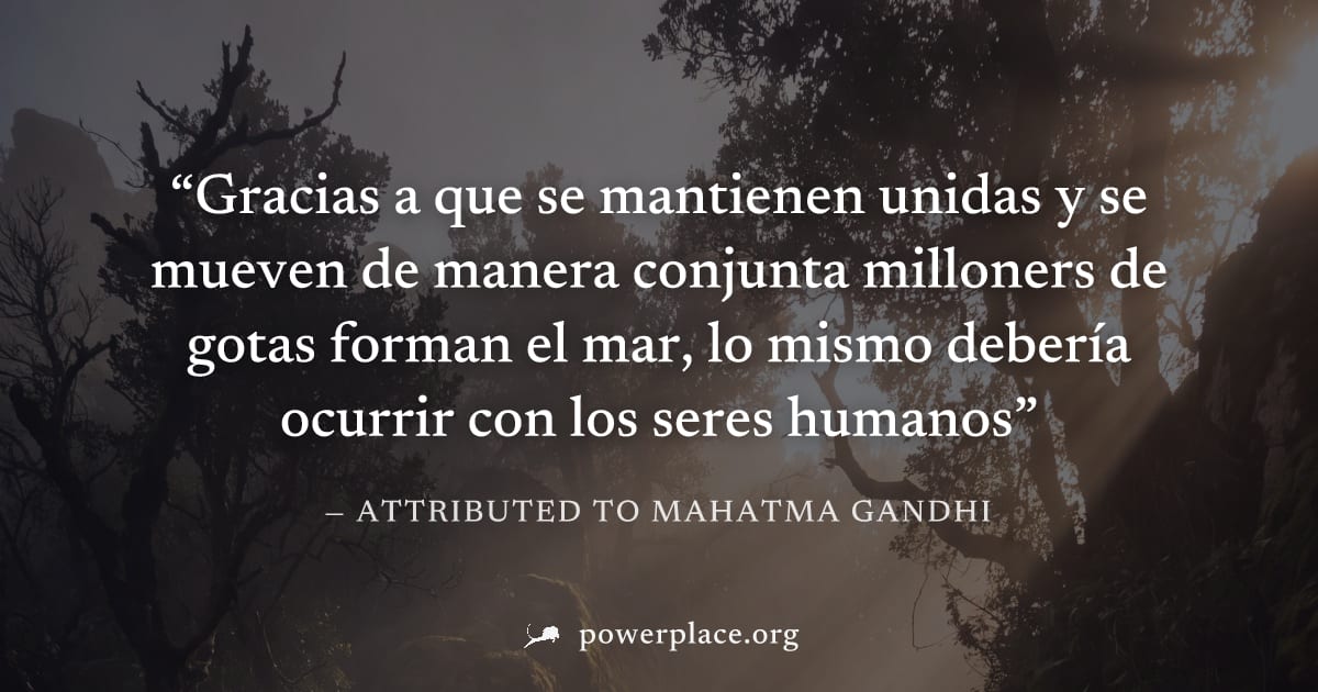 "Gracias a que se mantienen unidas y se mueven de manera conjunta milloners de gotas forman el mar, lo mismo debería ocurrir con los seres humanos" — Attributed to Mahatma Gandhi