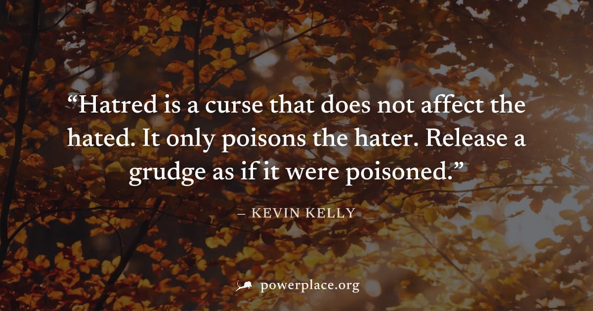 "Hatred is a curse that does not affect the hated. It only poisons the hater. Release a grudge as if it were poisoned." — Kevin Kelly