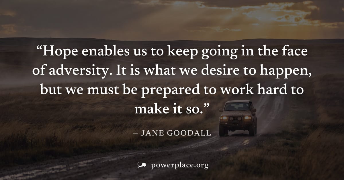 "Hope enables us to keep going in the face of adversity. It is what we desire to happen, but we must be prepared to work hard to make it so." — Jane Goodall