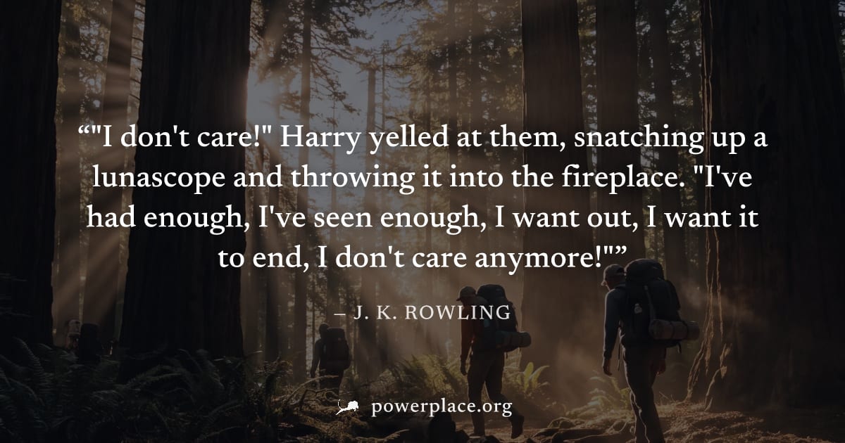 ""I don't care!" Harry yelled at them, snatching up a lunascope and throwing it into the fireplace. "I've had enough, I've seen enough, I want out, I want it to end, I don't care anymore!"" — J. K. Ro