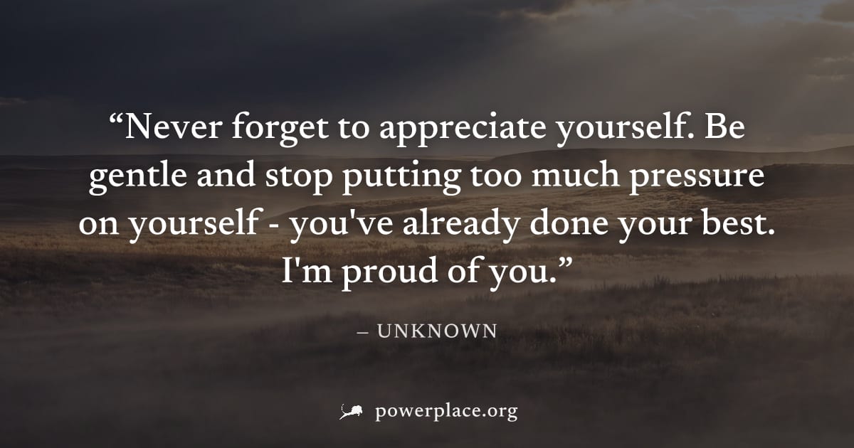 "Never forget to appreciate yourself. Be gentle and stop putting too much pressure on yourself - you've already done your best. I'm proud of you." — Unknown