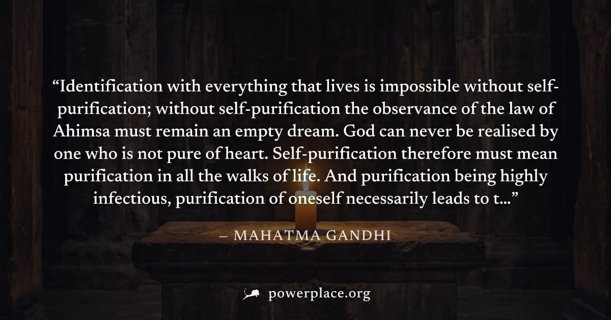 "Identification with everything that lives is impossible without self-purification; without self-purification the observance of the law of Ahimsa must remain an empty dream. God can never be realised 