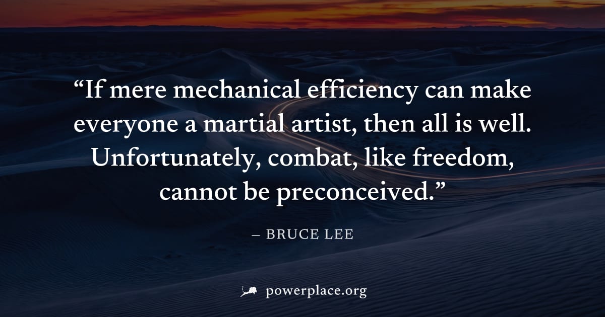 "If mere mechanical efficiency can make everyone a martial artist, then all is well. Unfortunately, combat, like freedom, cannot be preconceived." — Bruce Lee