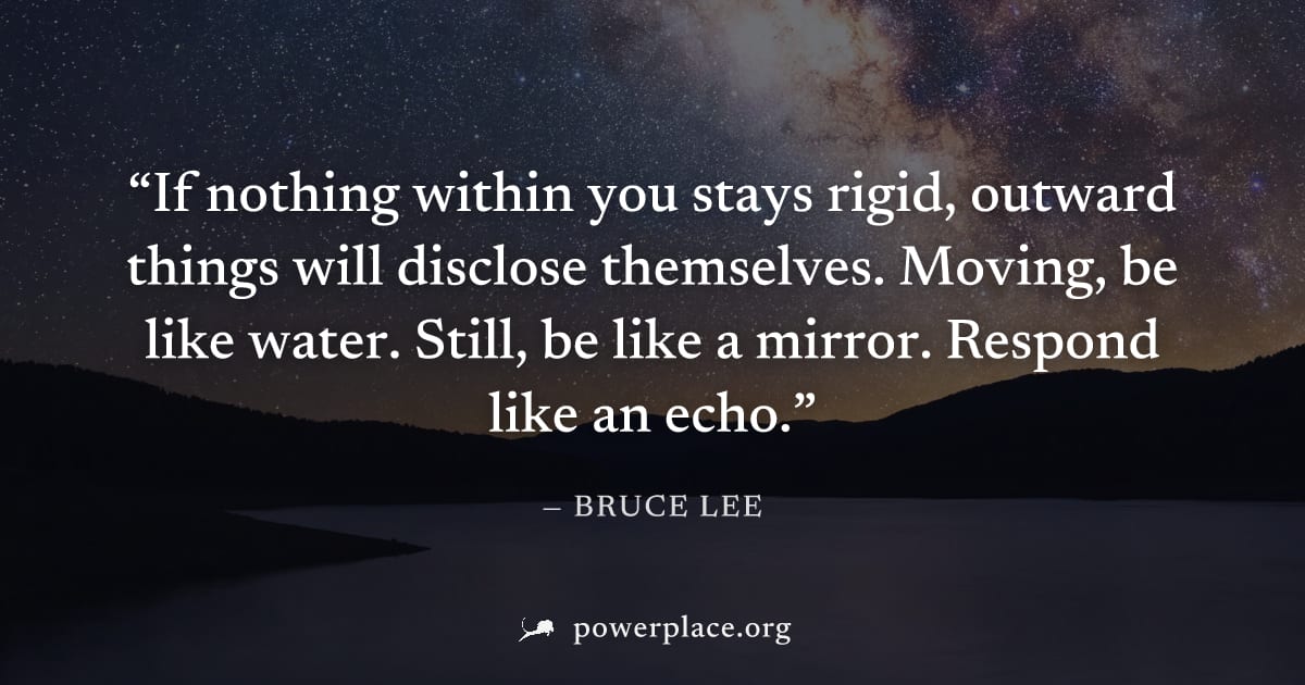 "If nothing within you stays rigid, outward things will disclose themselves. Moving, be like water. Still, be like a mirror. Respond like an echo." — Bruce Lee