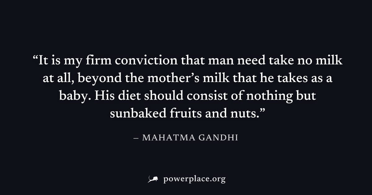 "It is my firm conviction that man need take no milk at all, beyond the mother’s milk that he takes as a baby. His diet should consist of nothing but sunbaked fruits and nuts." — Mahatma Gandhi