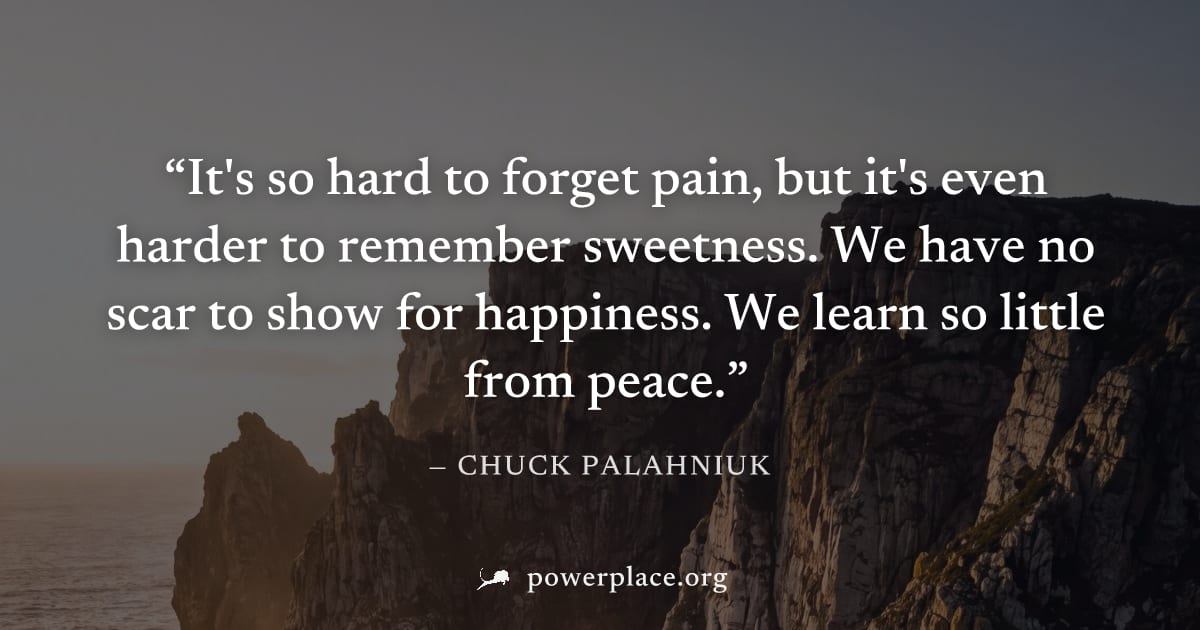 "It's so hard to forget pain, but it's even harder to remember sweetness. We have no scar to show for happiness. We learn so little from peace." — Chuck Palahniuk