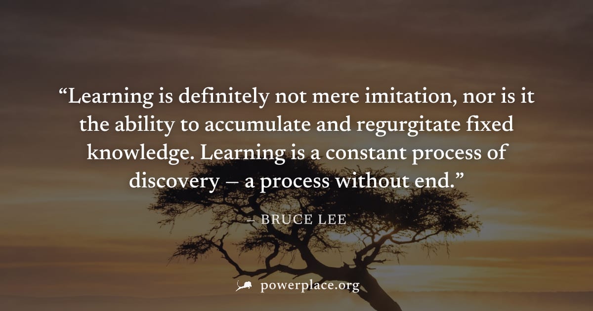 "Learning is definitely not mere imitation, nor is it the ability to accumulate and regurgitate fixed knowledge. Learning is a constant process of discovery — a process without end." — Bruce Lee