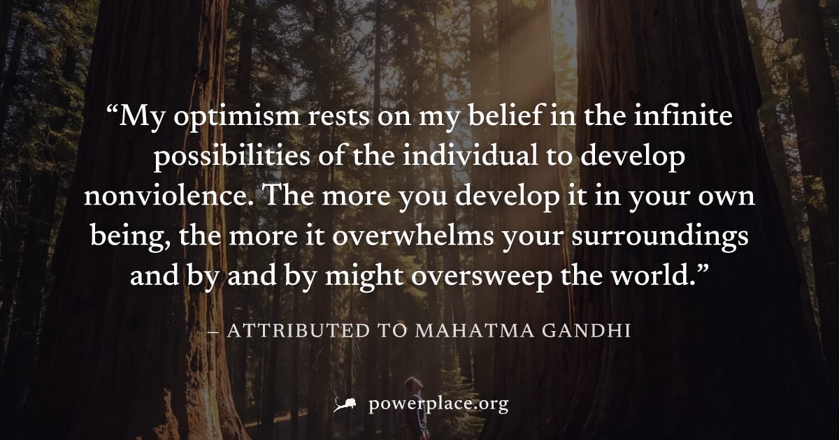 "My optimism rests on my belief in the infinite possibilities of the individual to develop nonviolence. The more you develop it in your own being, the more it overwhelms your surroundings and by and b