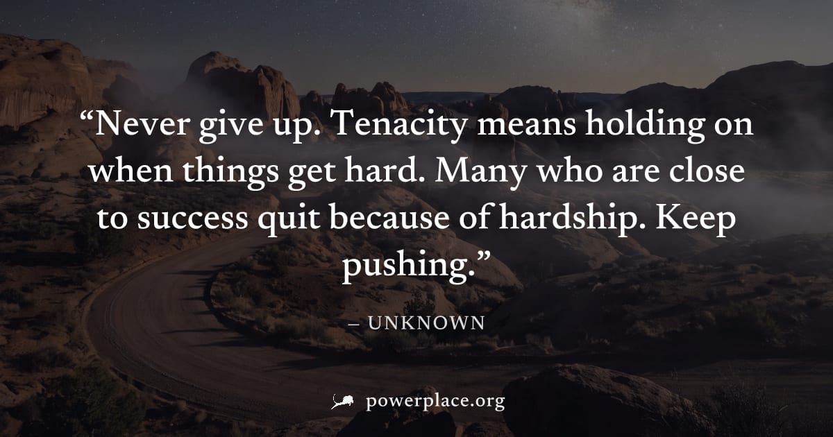 "Never give up. Tenacity means holding on when things get hard. Many who are close to success quit because of hardship. Keep pushing." — Unknown