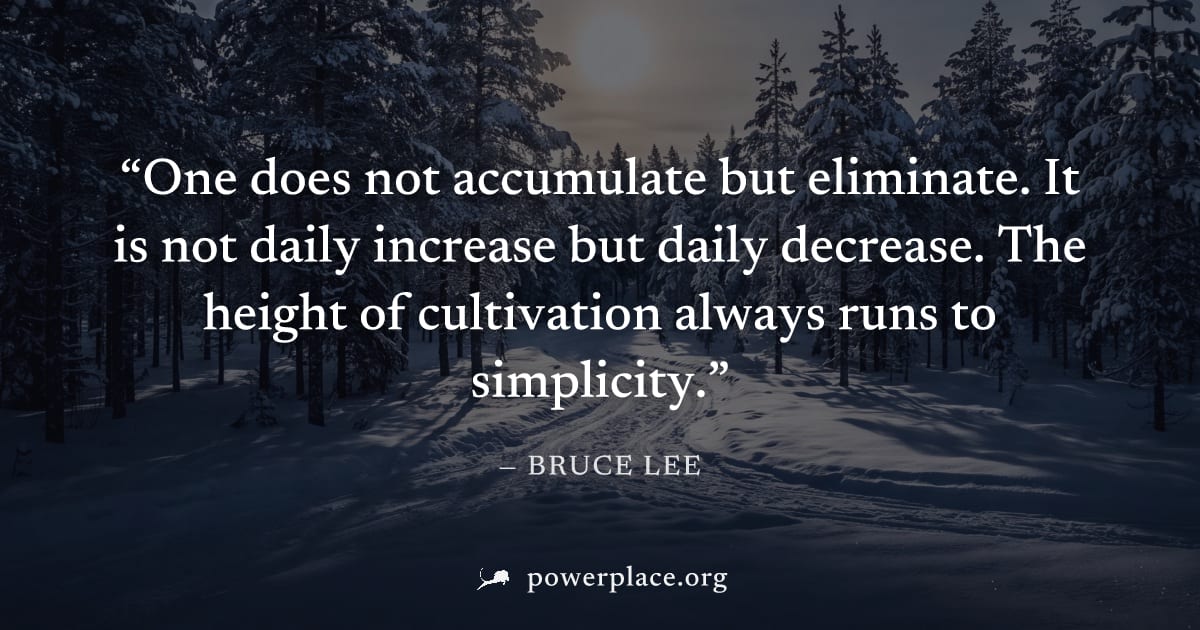 "One does not accumulate but eliminate. It is not daily increase but daily decrease. The height of cultivation always runs to simplicity." — Bruce Lee