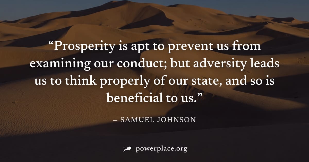 "Prosperity is apt to prevent us from examining our conduct; but adversity leads us to think properly of our state, and so is beneficial to us." — Samuel Johnson