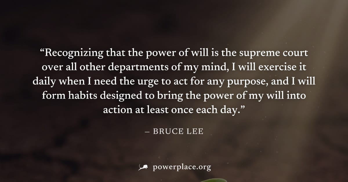 "Recognizing that the power of will is the supreme court over all other departments of my mind, I will exercise it daily when I need the urge to act for any purpose, and I will form habits designed to