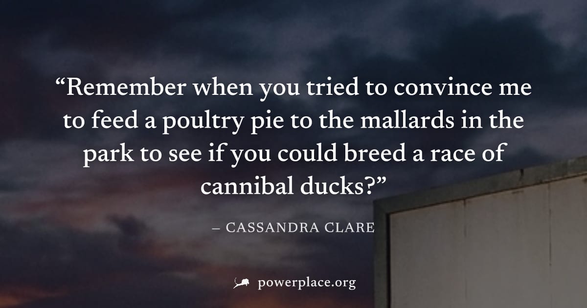 "Remember when you tried to convince me to feed a poultry pie to the mallards in the park to see if you could breed a race of cannibal ducks?" — Cassandra Clare