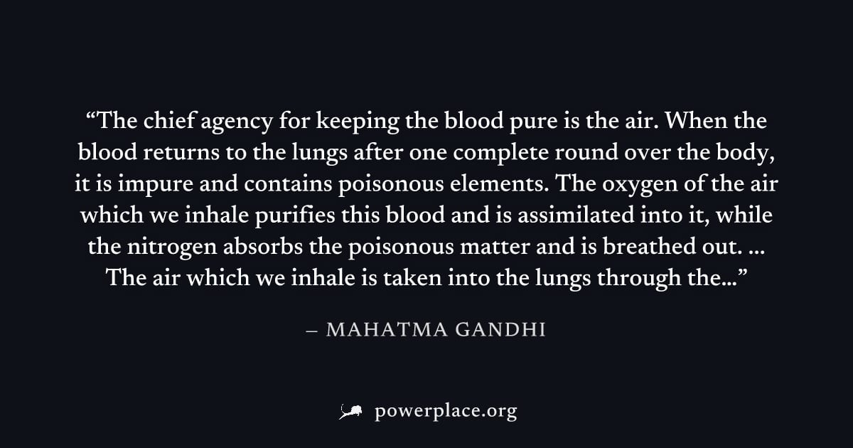 "The chief agency for keeping the blood pure is the air. When the blood returns to the lungs after one complete round over the body, it is impure and contains poisonous elements. The oxygen of the air