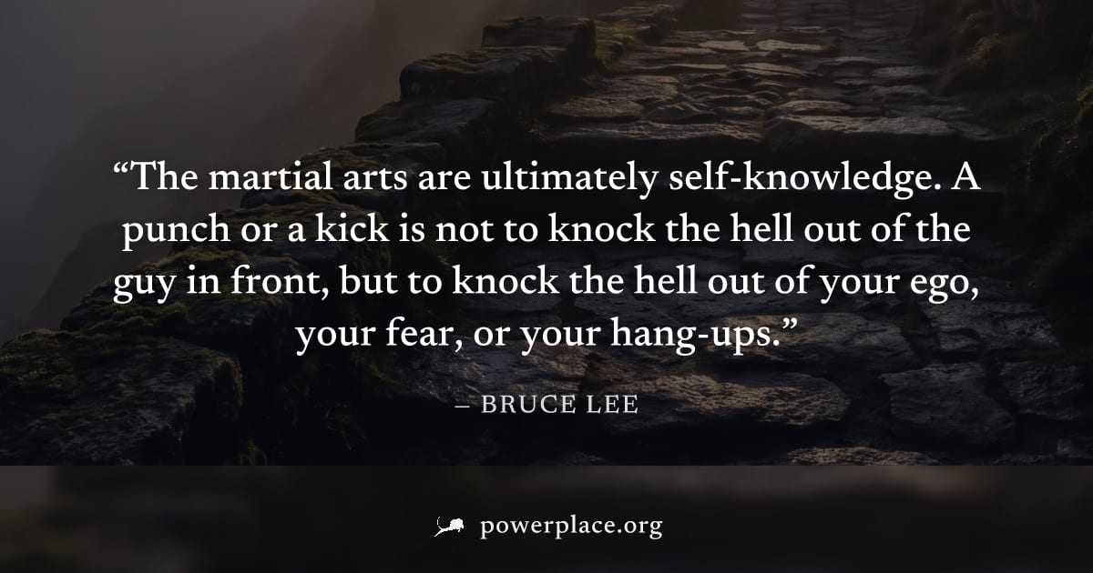 "The martial arts are ultimately self-knowledge. A punch or a kick is not to knock the hell out of the guy in front, but to knock the hell out of your ego, your fear, or your hang-ups." — Bruce Lee
