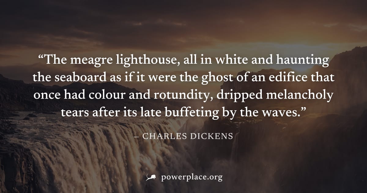 "The meagre lighthouse, all in white and haunting the seaboard as if it were the ghost of an edifice that once had colour and rotundity, dripped melancholy tears after its late buffeting by the waves.