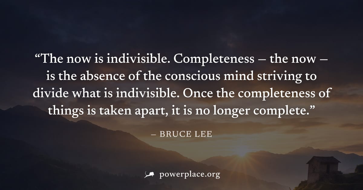 "The now is indivisible. Completeness — the now — is the absence of the conscious mind striving to divide what is indivisible. Once the completeness of things is taken apart, it is no longer complete.