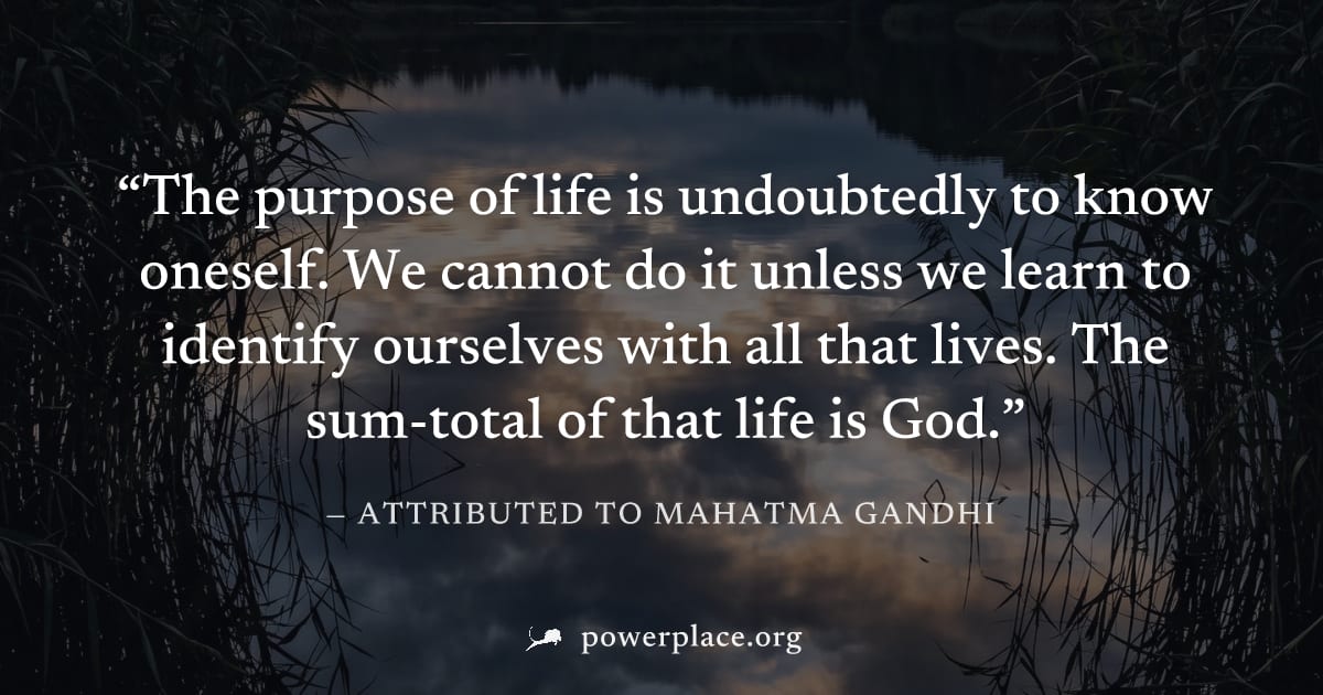 "The purpose of life is undoubtedly to know oneself. We cannot do it unless we learn to identify ourselves with all that lives. The sum-total of that life is God." — Attributed to Mahatma Gandhi