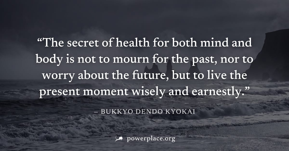 "The secret of health for both mind and body is not to mourn for the past, nor to worry about the future, but to live the present moment wisely and earnestly." — Bukkyo Dendo Kyokai