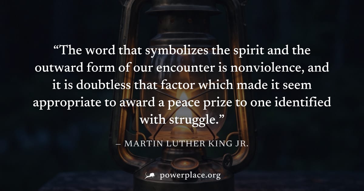 "The word that symbolizes the spirit and the outward form of our encounter is nonviolence, and it is doubtless that factor which made it seem appropriate to award a peace prize to one identified with 