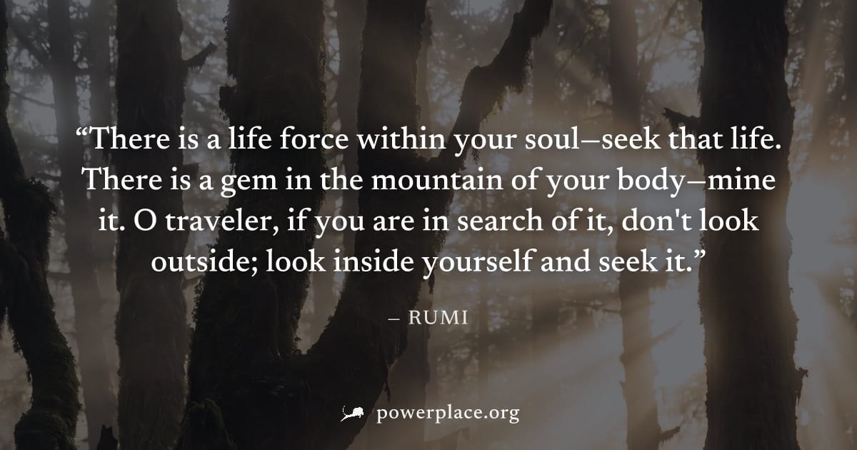 "There is a life force within your soul—seek that life. There is a gem in the mountain of your body—mine it. O traveler, if you are in search of it, don't look outside; look inside yourself and seek i