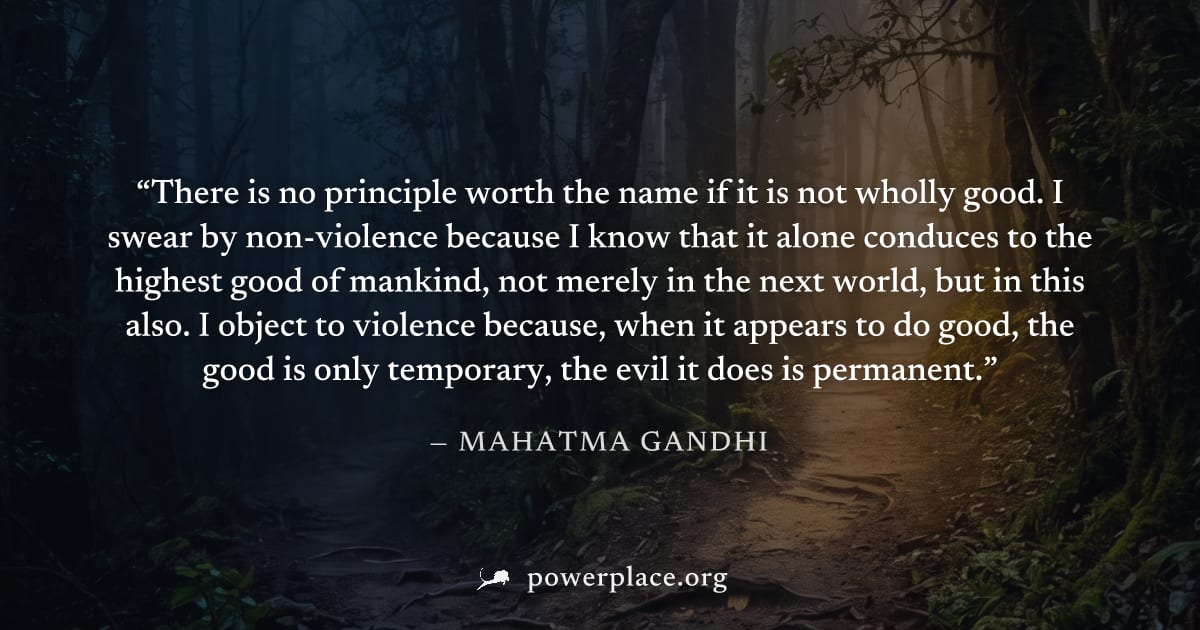 "There is no principle worth the name if it is not wholly good. I swear by non-violence because I know that it alone conduces to the highest good of mankind, not merely in the next world, but in this 