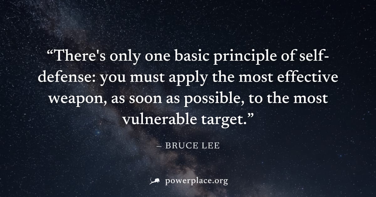"There's only one basic principle of self-defense: you must apply the most effective weapon, as soon as possible, to the most vulnerable target." — Bruce Lee
