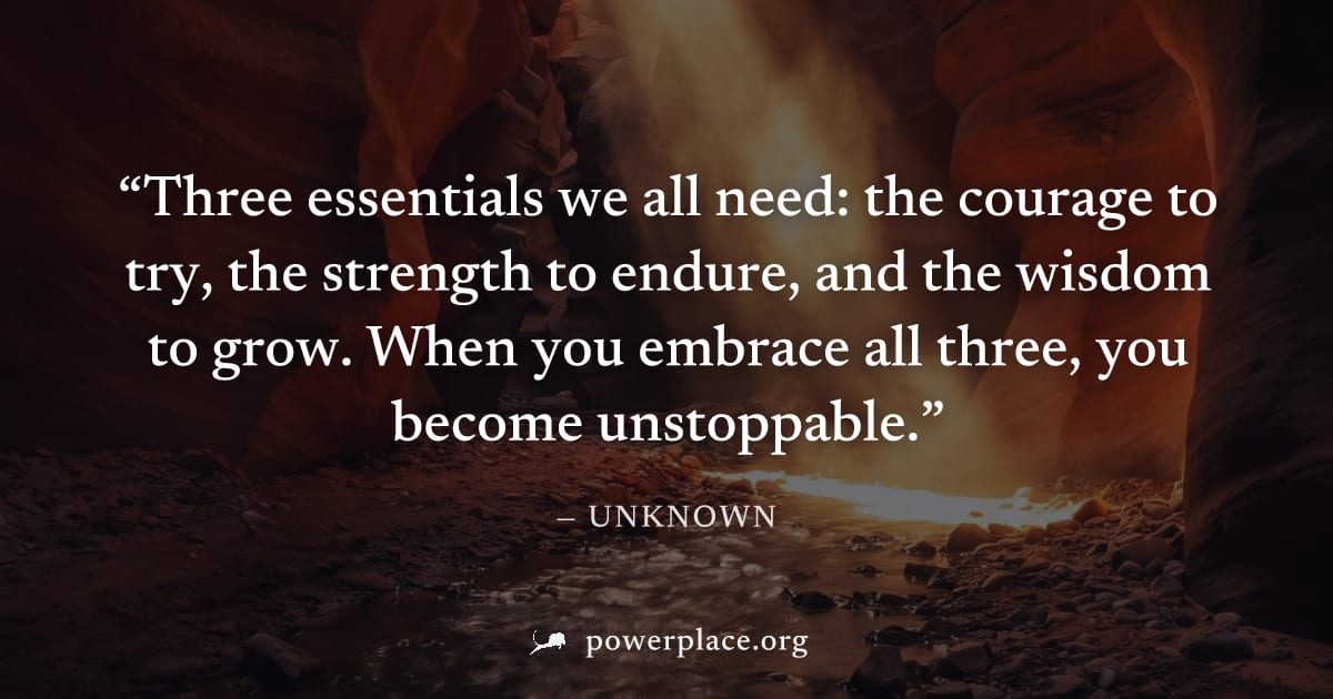 "Three essentials we all need: the courage to try, the strength to endure, and the wisdom to grow. When you embrace all three, you become unstoppable." — Unknown