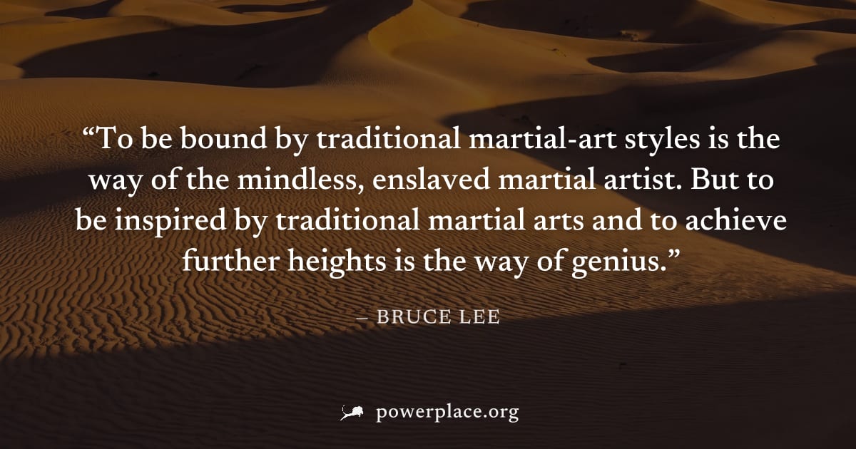 "To be bound by traditional martial-art styles is the way of the mindless, enslaved martial artist. But to be inspired by traditional martial arts and to achieve further heights is the way of genius."