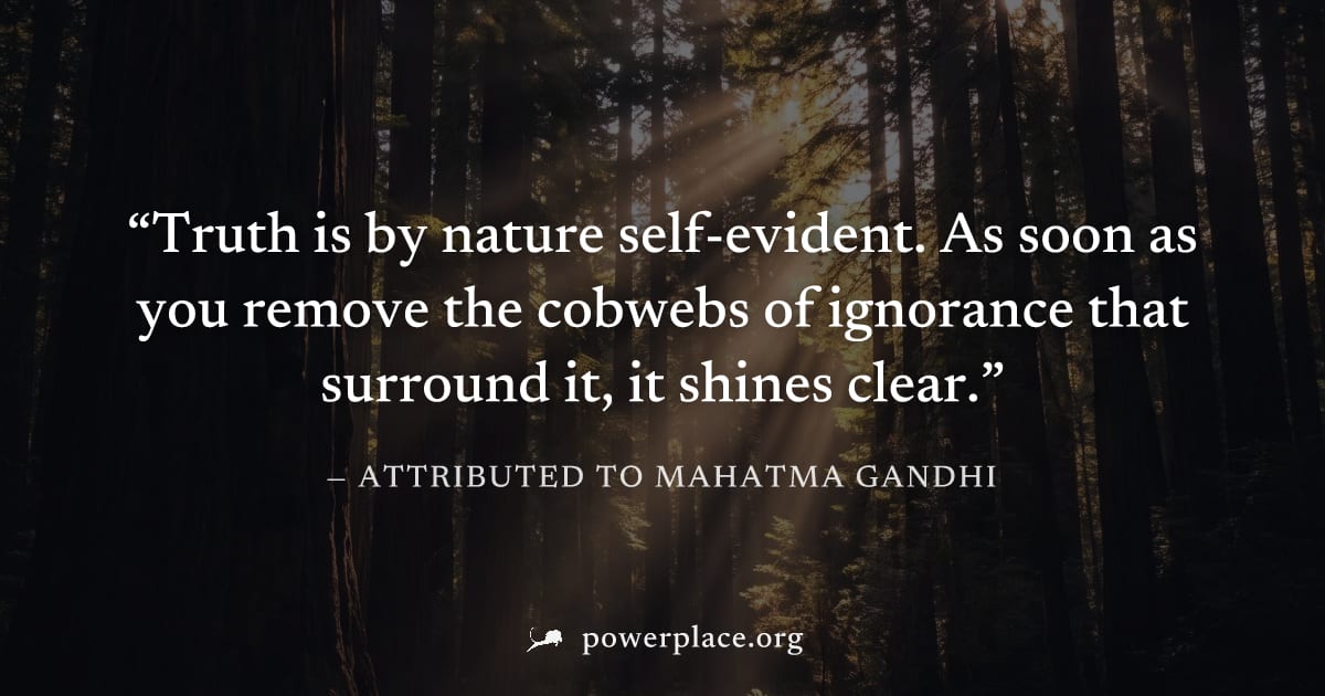 "Truth is by nature self-evident. As soon as you remove the cobwebs of ignorance that surround it, it shines clear." — Attributed to Mahatma Gandhi
