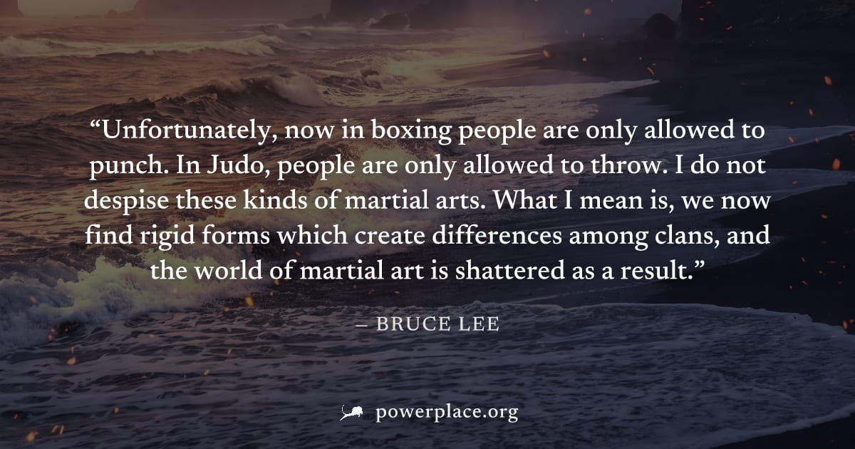"Unfortunately, now in boxing people are only allowed to punch. In Judo, people are only allowed to throw. I do not despise these kinds of martial arts. What I mean is, we now find rigid forms which c