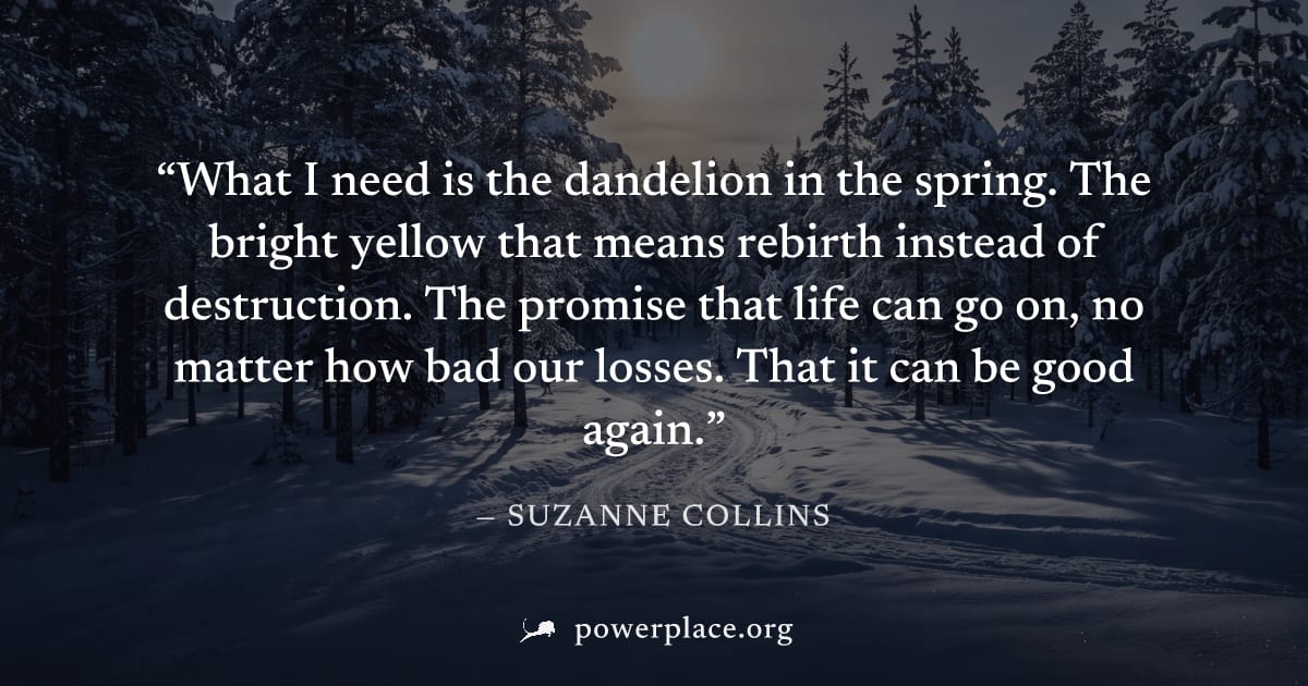 "What I need is the dandelion in the spring. The bright yellow that means rebirth instead of destruction. The promise that life can go on, no matter how bad our losses. That it can be good again." — S
