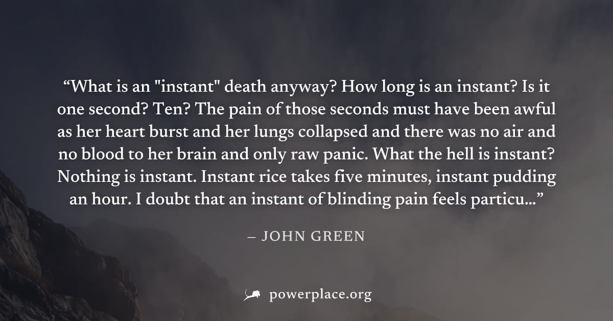 "What is an "instant" death anyway? How long is an instant? Is it one second? Ten? The pain of those seconds must have been awful as her heart burst and her lungs collapsed and there was no air and no