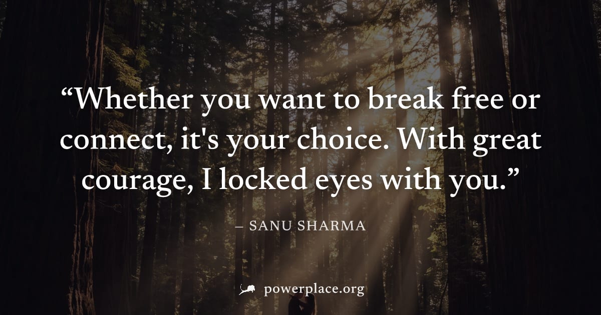 "Whether you want to break free or connect, it's your choice. With great courage, I locked eyes with you." — Sanu Sharma
