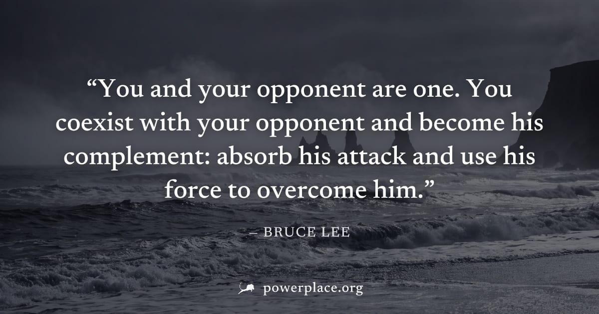 "You and your opponent are one. You coexist with your opponent and become his complement: absorb his attack and use his force to overcome him." — Bruce Lee
