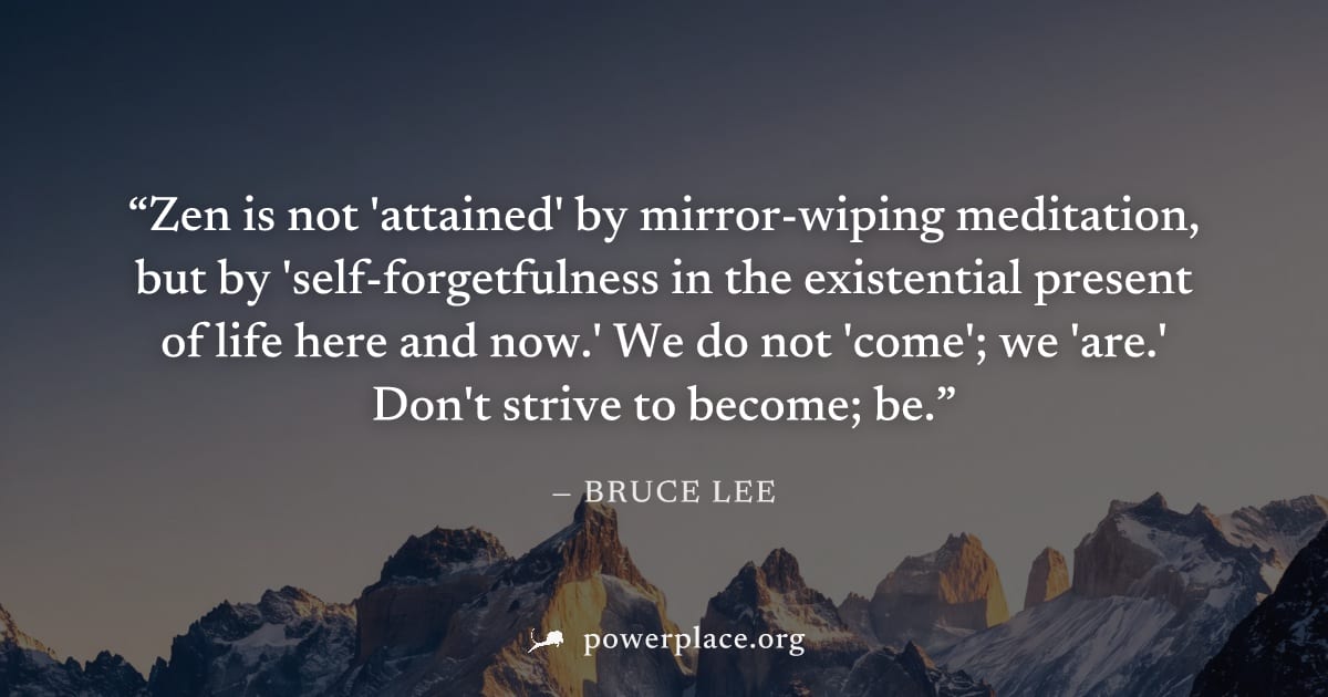 "Zen is not 'attained' by mirror-wiping meditation, but by 'self-forgetfulness in the existential present of life here and now.' We do not 'come'; we 'are.' Don't strive to become; be." — Bruce Lee